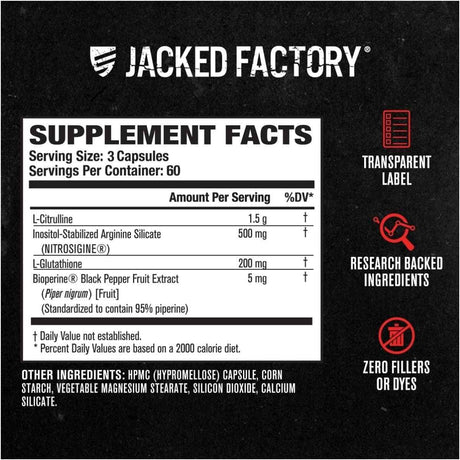 Tabla nutricional del suplemento Jacked Factory N.O. XT Óxido Nítrico 180 cápsulas