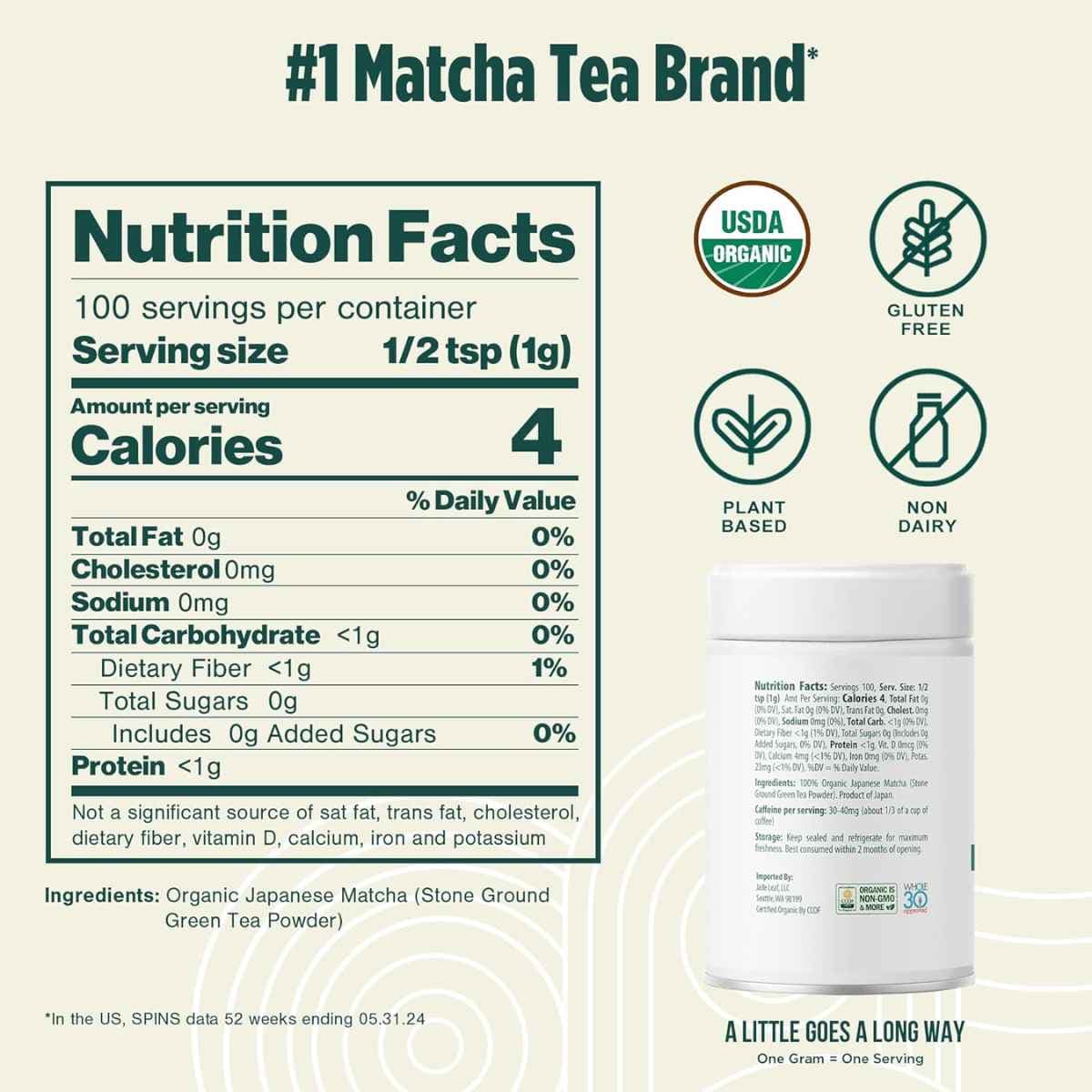 Tabla nutricional del suplemento Jade Leaf Matcha Ceremonial 100% Puro Polvo 100 g