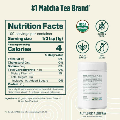 Tabla nutricional del suplemento Jade Leaf Matcha Ceremonial 100% Puro Polvo 100 g