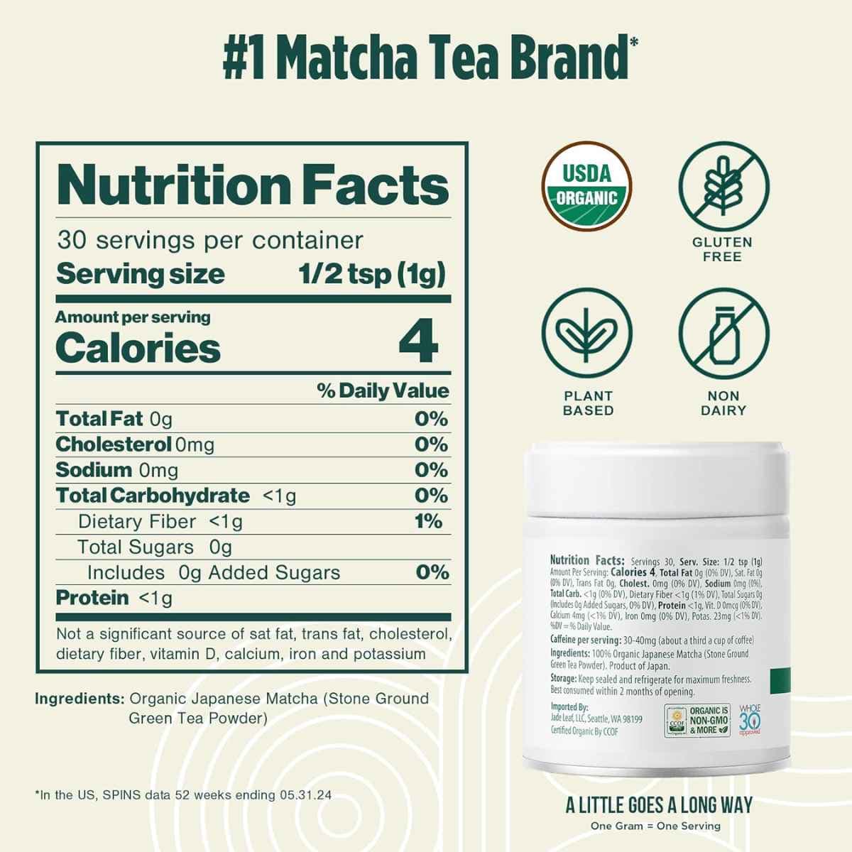 Tabla nutricional del suplemento Jade Leaf Matcha Ceremonial 100% Puro Polvo 30 g