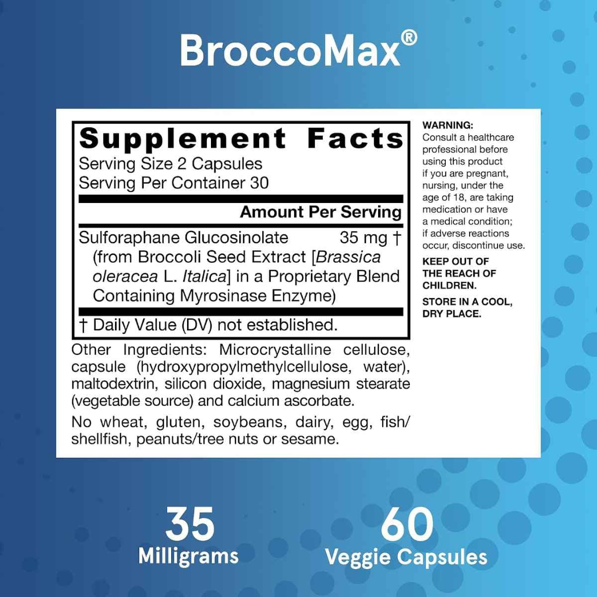 Información del suplemento Jarrow Formulas BroccoMax brócoli 35 mg 60 cápsulas vegetales