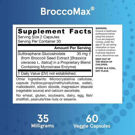 Información del suplemento Jarrow Formulas BroccoMax brócoli 35 mg 60 cápsulas vegetales
