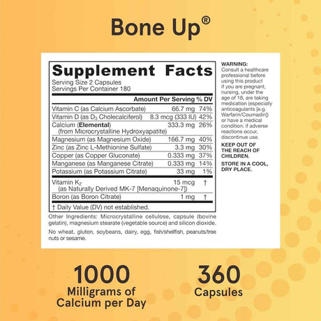 Tabla nutricional del suplemento Jarrow Formulas Calcio MCHA 1000 mg 360 cápsulas