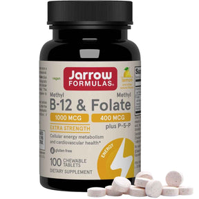 Frasco frontal de Jarrow Formulas Methyl B-12 & Folate sabor limón, 100 tabletas masticables.