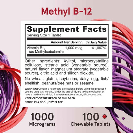 Tabla nutricional del suplemento Jarrow Formulas Metil B-12 Limón 1000 mcg 100 tabletas