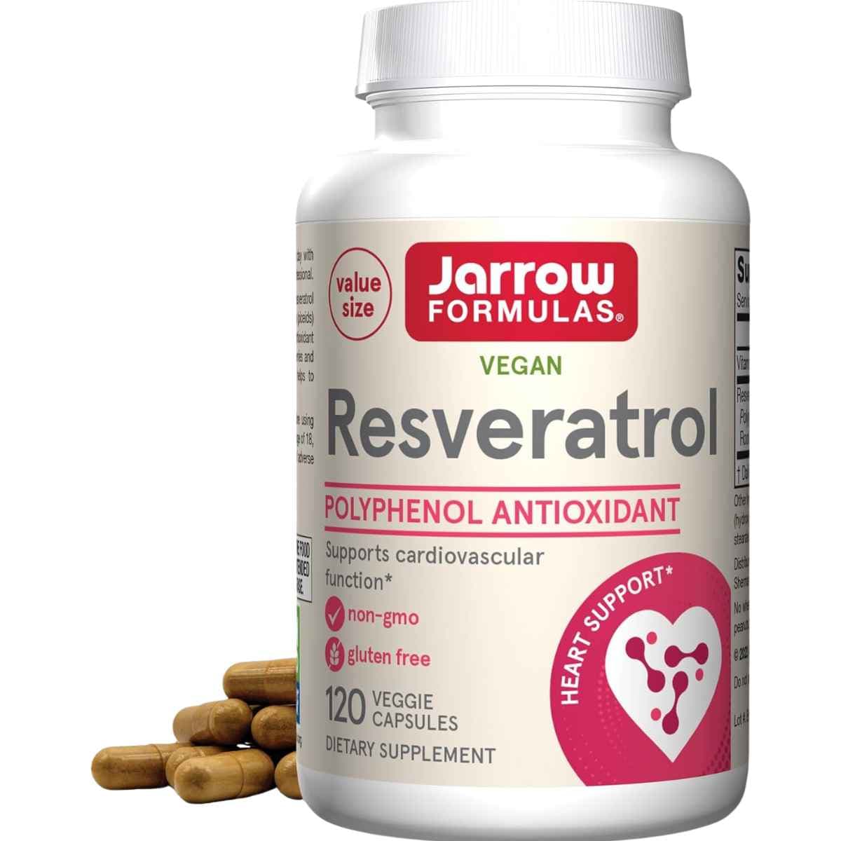 Frasco de suplemento Jarrow Formulas Resveratrol 100 mg 120 cápsulas