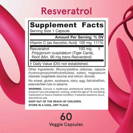 Tabla nutricional del suplemento Jarrow Formulas Resveratrol 100 mg 60 cápsulas