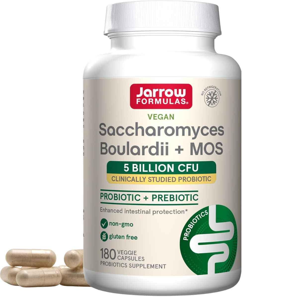 Frasco de suplemento Jarrow Formulas Saccharomyces Boulardii + MOS 180 cápsulas