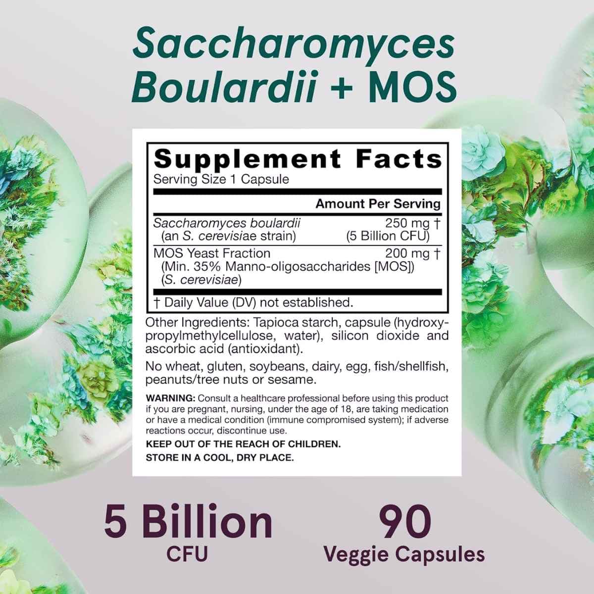 Tabla nutricional del suplemento Jarrow Formulas Saccharomyces Boulardii + MOS 90 cápsulas