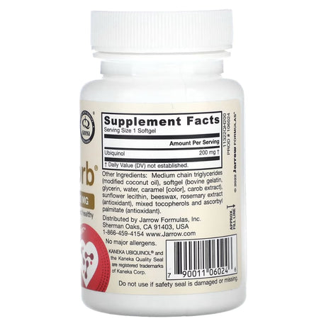 Tabla nutricional del suplemento Jarrow Formulas Ubiquinol QH-absorb 200 mg 30 cápsulas blandas