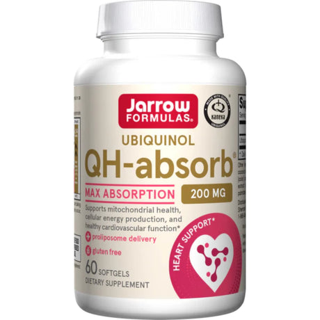 Frasco de suplemento Jarrow Formulas Ubiquinol QH-absorb 200 mg 60 cápsulas blandas