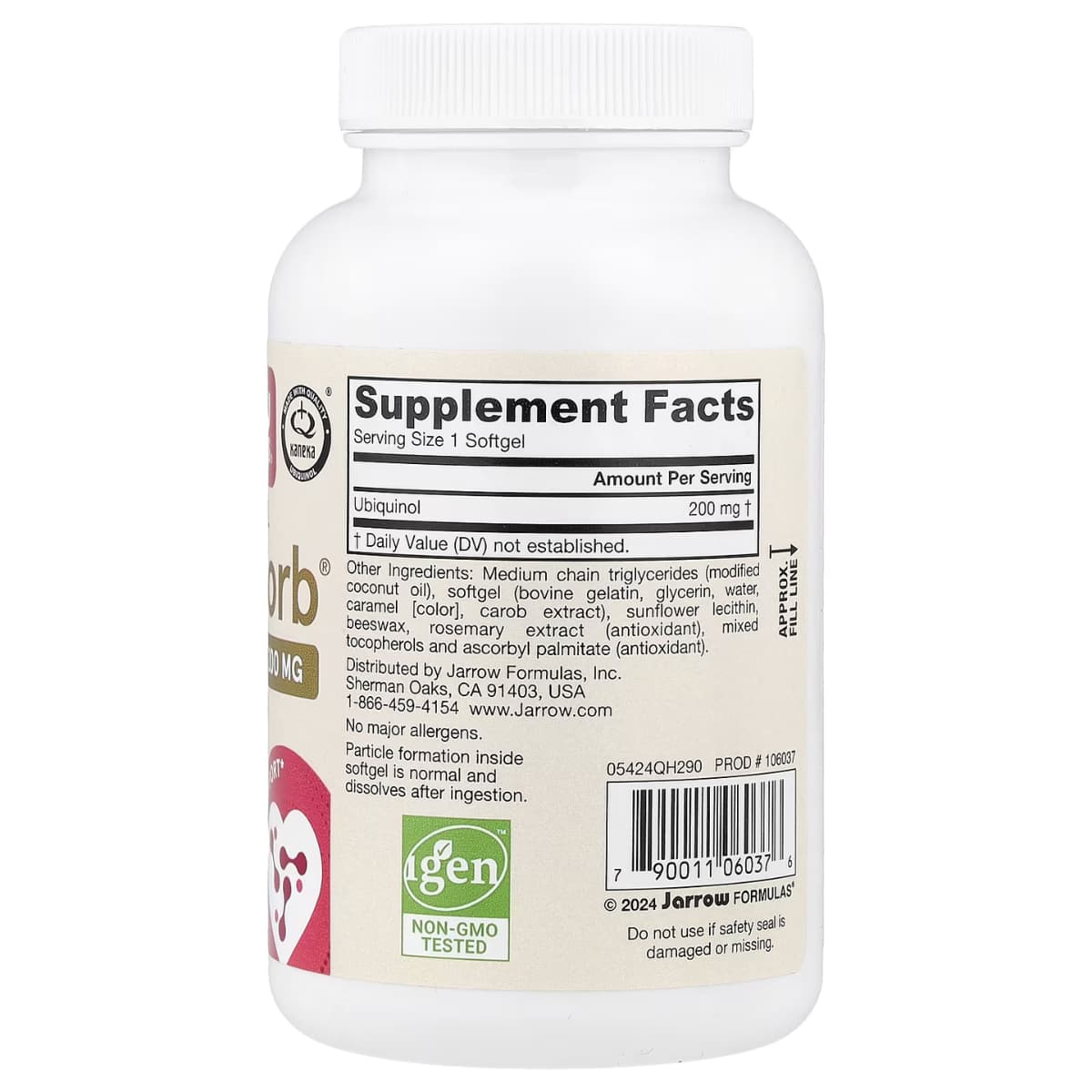Tabla nutricional del suplemento Jarrow Formulas Ubiquinol QH-absorb 200 mg 90 cápsulas blandas