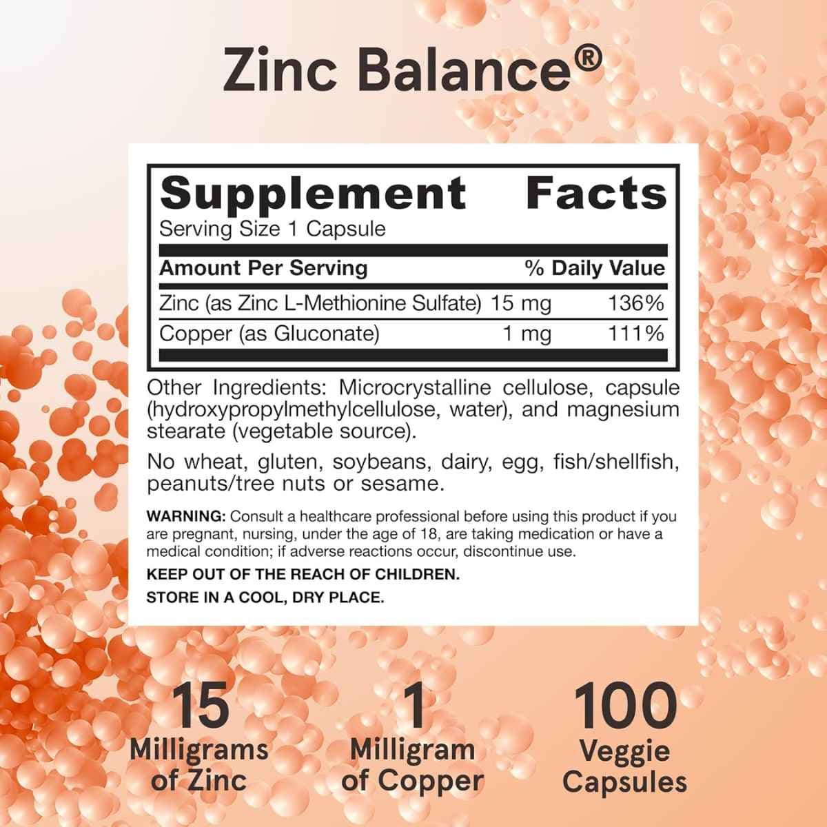 Tabla nutricional del suplemento Jarrow Formulas Zinc Balance 15 mg Zinc, 1 mg Cobre 100 cápsulas
