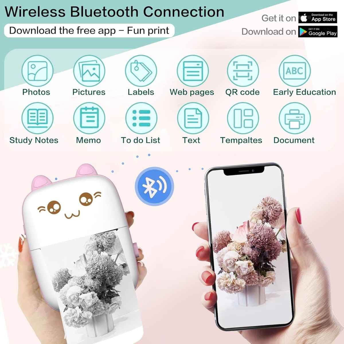 JEPEErbz C9 mini impresora térmica portátil Bluetooth color rosado con conexión por app