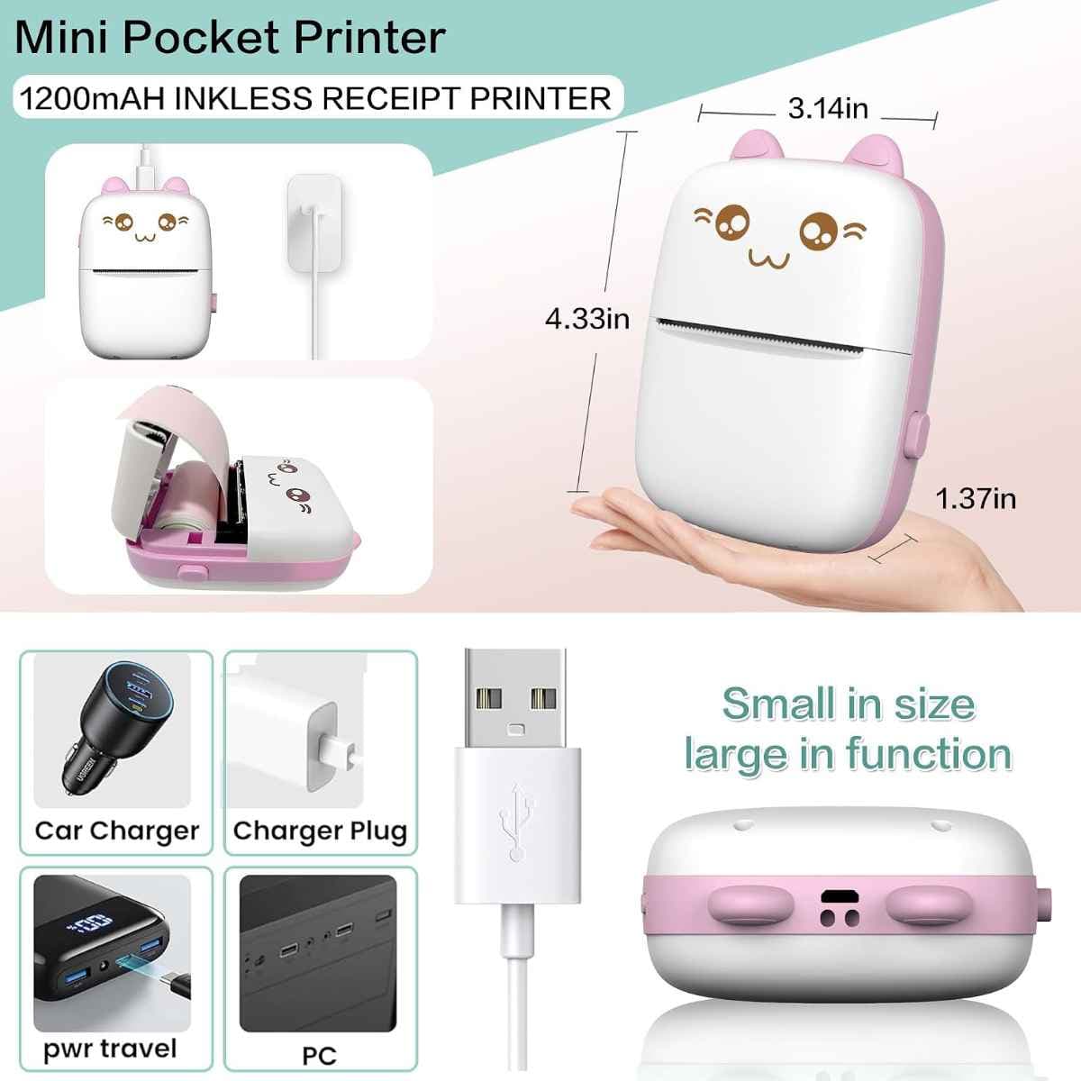 JEPEErbz C9 mini impresora térmica portátil Bluetooth color rosado con medidas y carga USB