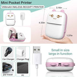 JEPEErbz C9 mini impresora térmica portátil Bluetooth color rosado con medidas y carga USB