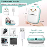 JEPEErbz mini impresora térmica portátil verde agua con medidas y carga USB