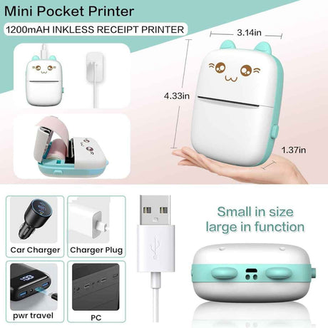 JEPEErbz mini impresora térmica portátil verde agua con medidas y carga USB