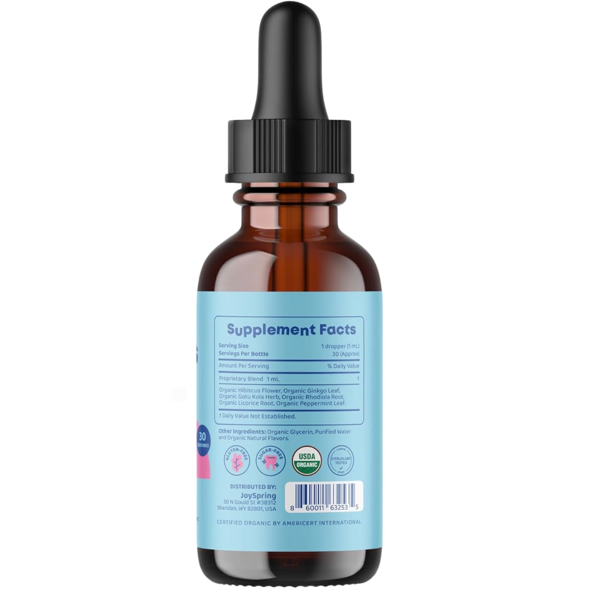 Tabla nutricional del suplemento JoySpring Mezcla de Extractos Herbales Sabor Mora Vainilla 30 mL