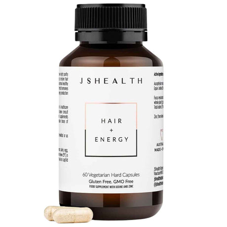 Frasco de suplemento JSHealth Fórmula Cabello y Energía con Yodo y Zinc 60 cápsulas