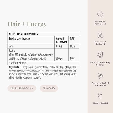 Tabla nutricional del suplemento JSHealth Fórmula Cabello y Energía con Yodo y Zinc