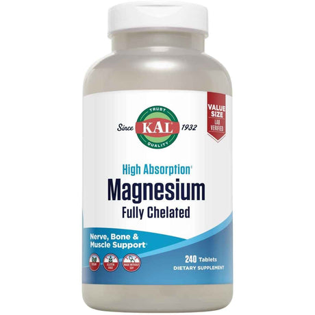 Frasco de suplemento KAL Glicinato de Magnesio 240 tabletas