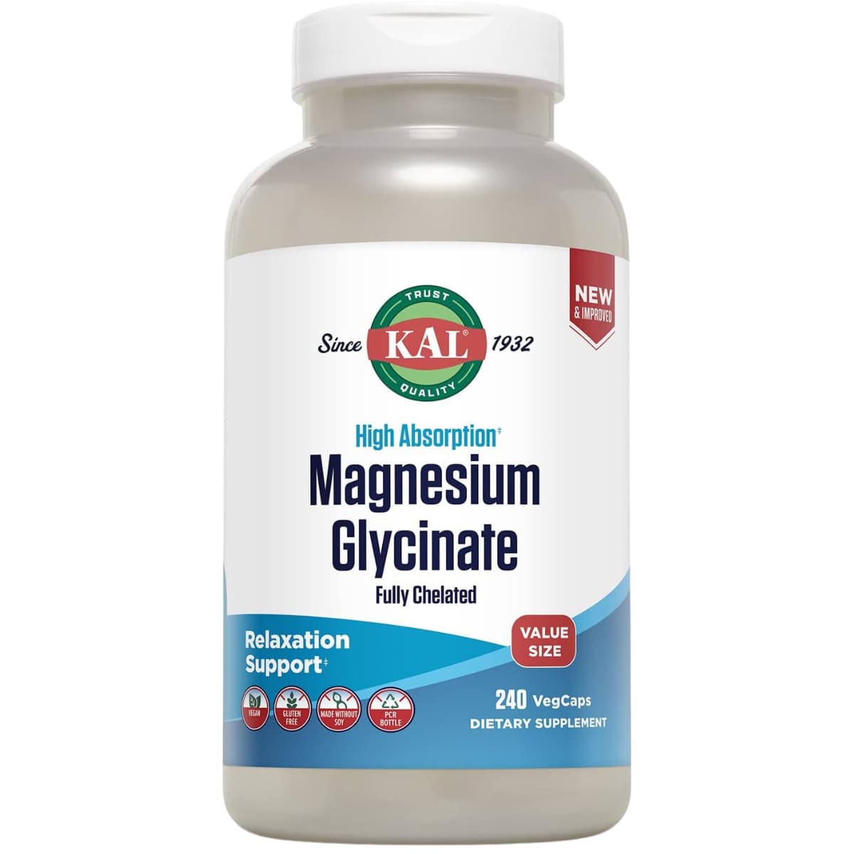 Frasco de glicinato de magnesio KAL de 240 cápsulas vegetales