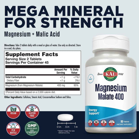Tabla nutricional del suplemento KAL Malato de Magnesio 90 tabletas