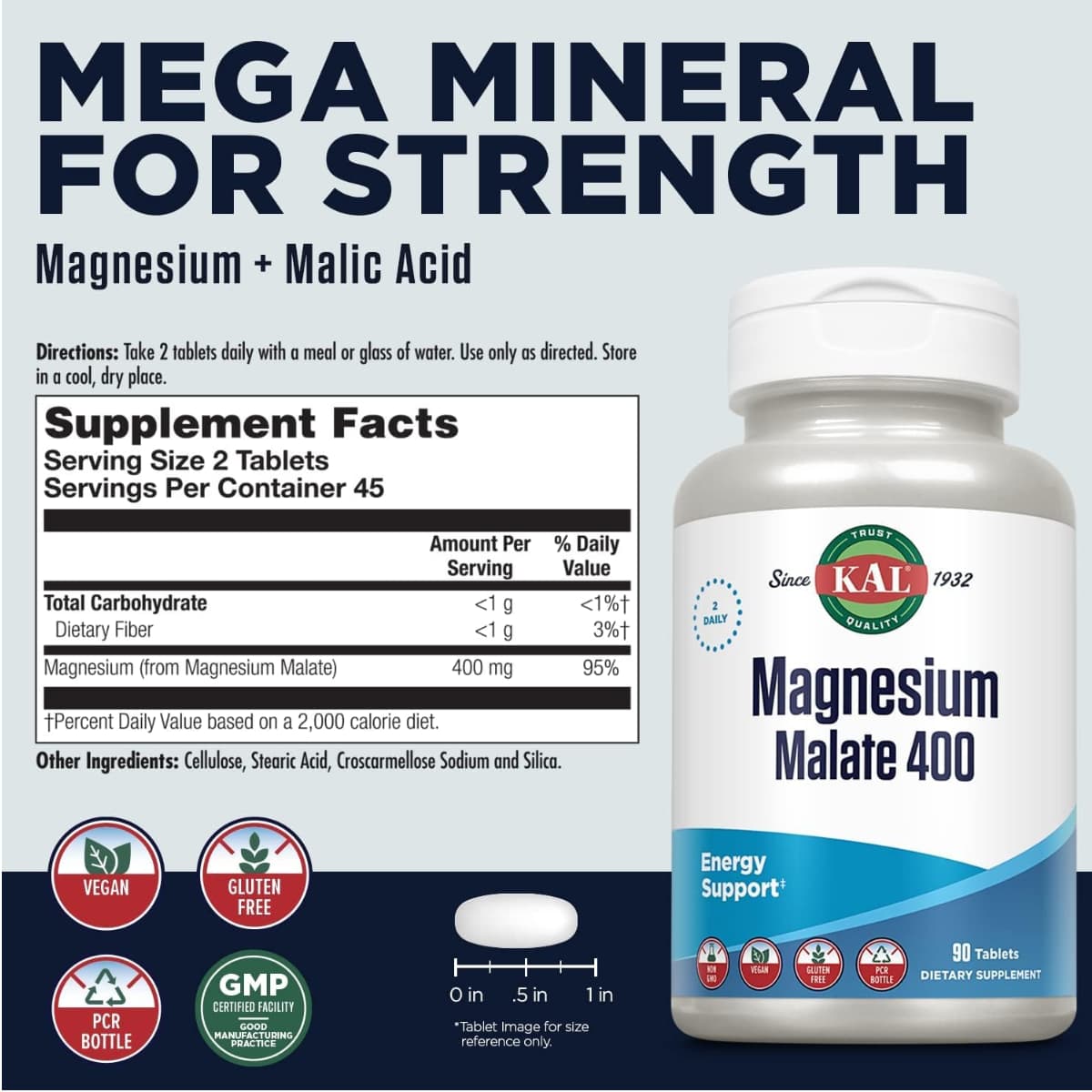 Información del suplemento de KAL malato de magnesio con 400 mg de magnesio por porción de 2 tabletas