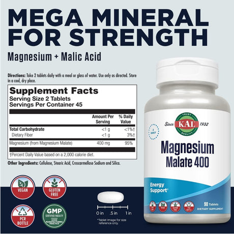 Información del suplemento de KAL malato de magnesio con 400 mg de magnesio por porción de 2 tabletas