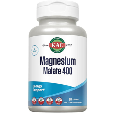 Frasco frontal de KAL malato de magnesio 400 mg por porción, presentación de 90 tabletas