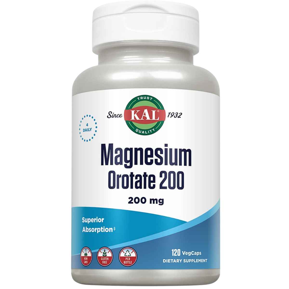 KAL orotato de magnesio 200 mg, 120 cápsulas veganas, vista frontal.
