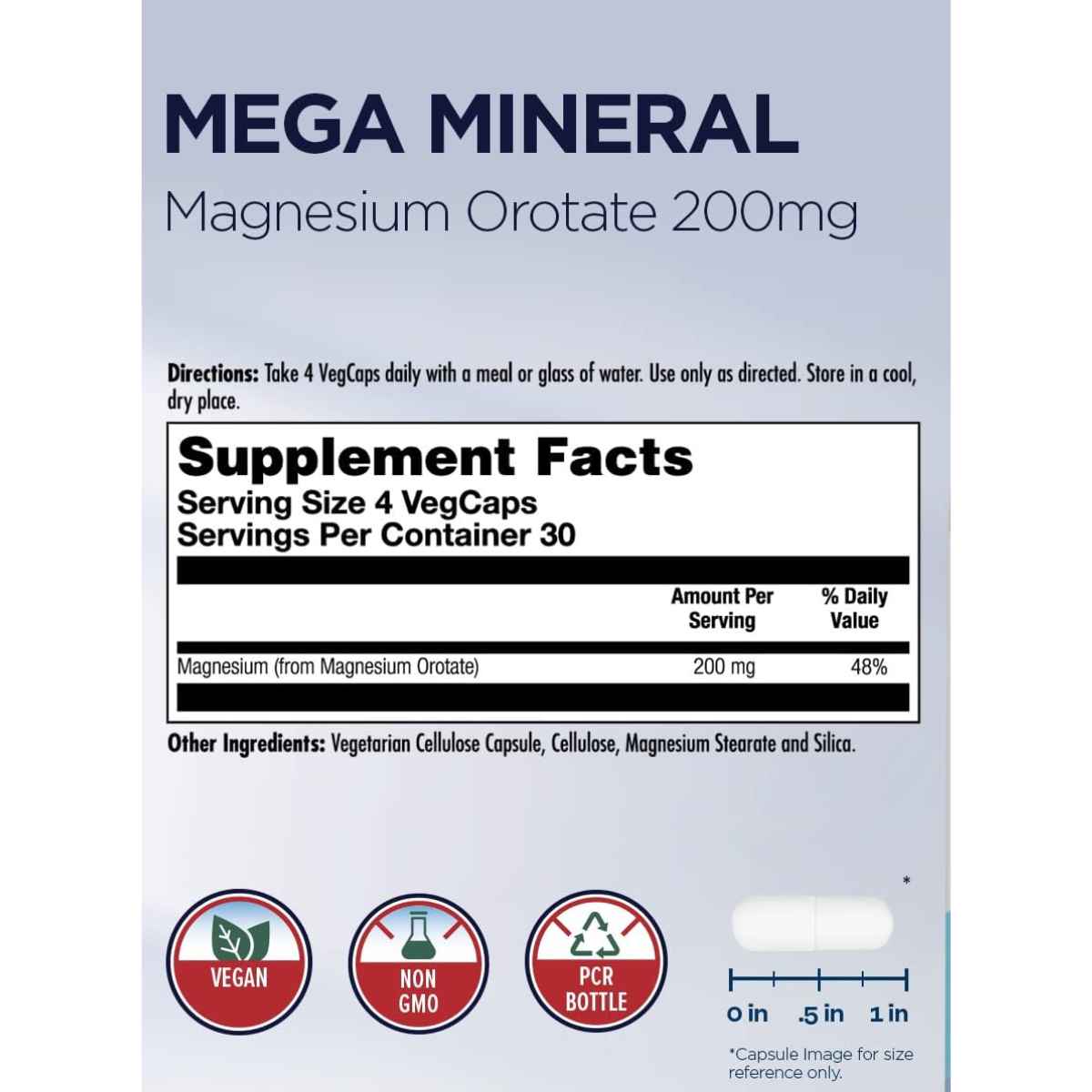 Panel de información del suplemento de KAL orotato de magnesio 200 mg, 120 cápsulas veganas.