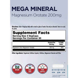 Panel de información del suplemento de KAL orotato de magnesio 200 mg, 120 cápsulas veganas.