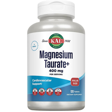 Frasco frontal de KAL taurato de magnesio con vitamina B6, 120 tabletas