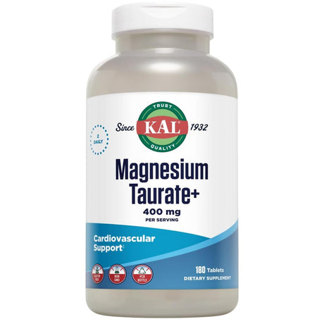 Frasco frontal de KAL taurato de magnesio con vitamina B6, 180 tabletas