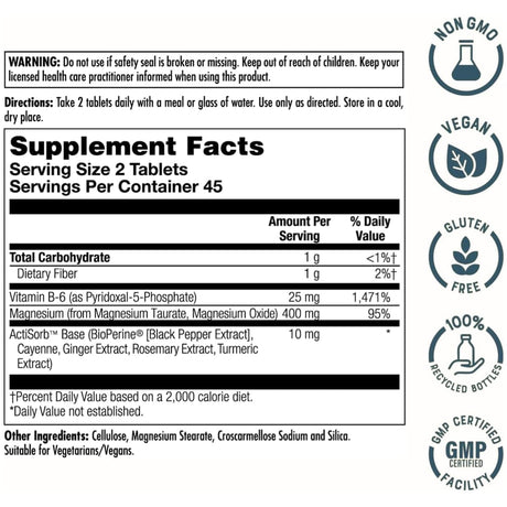 Información del suplemento de KAL taurato de magnesio con vitamina B6, 90 tabletas