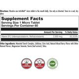 Tabla nutricional del suplemento KAL Vitamina B12 Metilcobalamina y Adenosilcobalamina 2000 mcg 60 micro tabletas