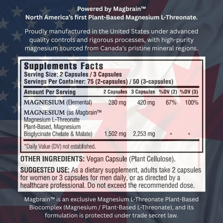Información del suplemento de Kappa Nutrition Magbrain complejo de magnesio 3 en 1, 150 cápsulas.