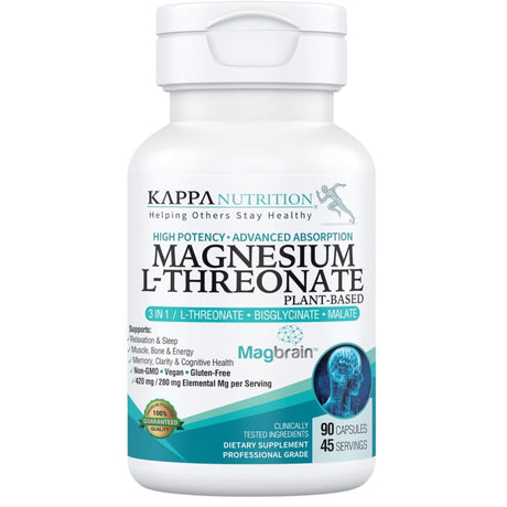 Frasco frontal de Kappa Nutrition Magbrain complejo de magnesio 3 en 1, 90 cápsulas.