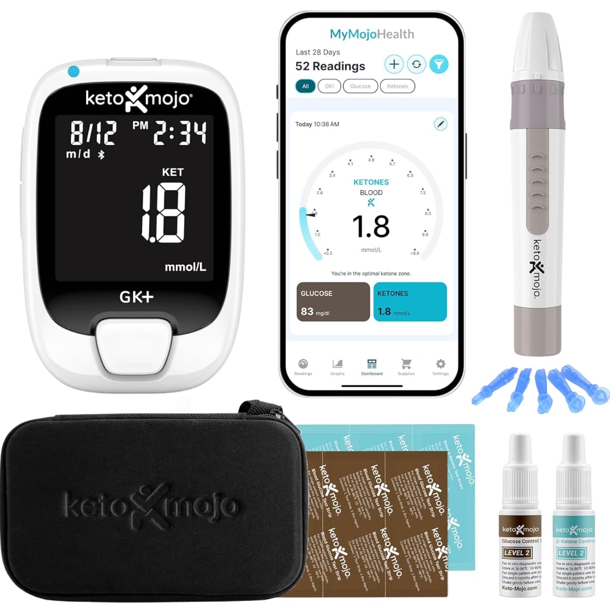 Contenido detallado del paquete Keto-Mojo GK+ con medidor Bluetooth, soluciones de control y accesorios de medición