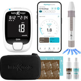 Contenido detallado del paquete Keto-Mojo GK+ con medidor Bluetooth, soluciones de control y accesorios de medición
