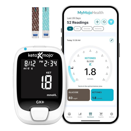 Kit de inicio Keto-Mojo GK+ con medidor, tiras de prueba, lancetas y estuche de transporte
