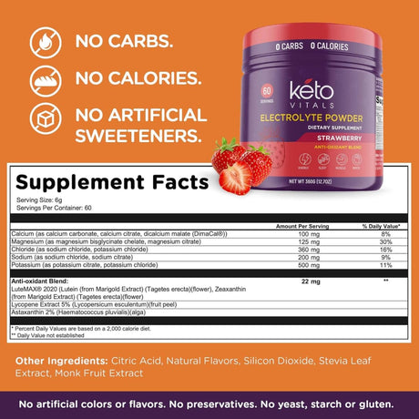 Tabla nutricional del suplemento Keto Vitals Electrolitos en Polvo Fresa 360 g