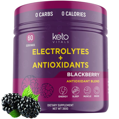 Frasco de suplemento Keto Vitals Electrolitos en Polvo Mora 360 g