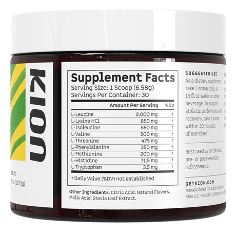 Tabla nutricional del suplemento KION Aminoácidos Esenciales sabor Lima Limón 30 porciones