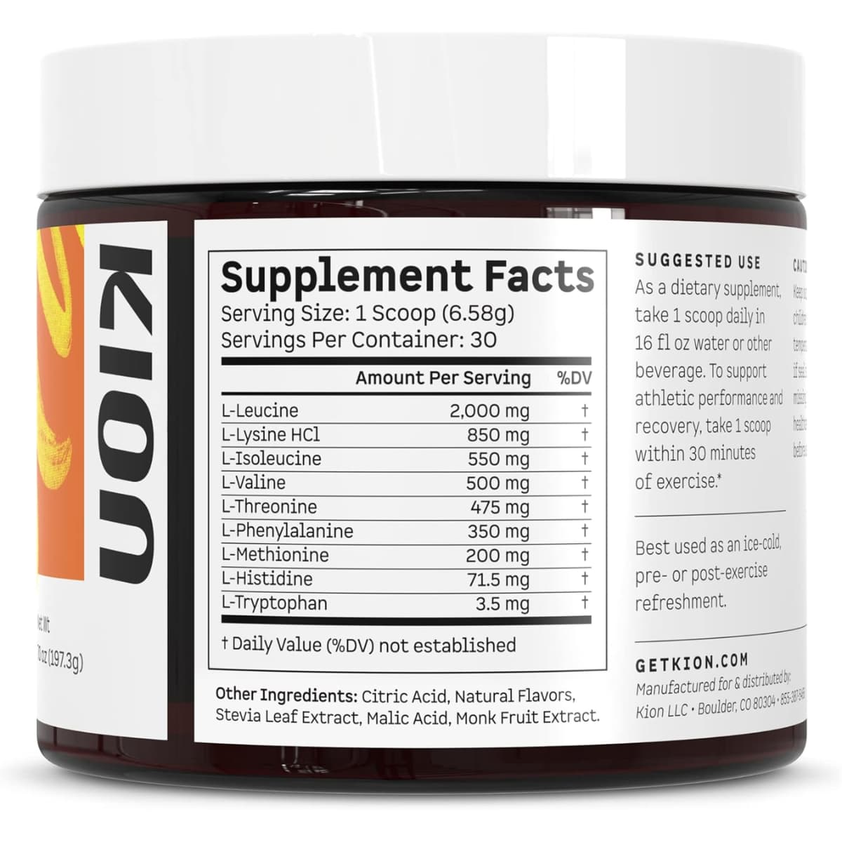 Tabla nutricional del suplemento KION Aminoácidos Esenciales sabor Mango 30 porciones