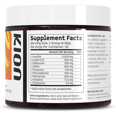 Tabla nutricional del suplemento KION Aminoácidos Esenciales sabor Mango 30 porciones