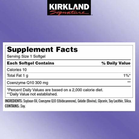 Información del suplemento de Kirkland Signature coenzima Q10 300 mg, 100 cápsulas blandas