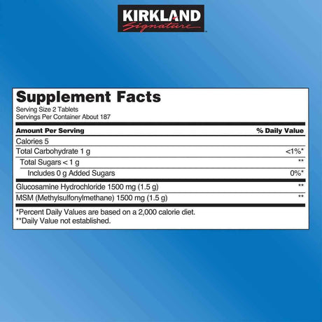 Tabla nutricional del suplemento Kirkland Signature Glucosamina HCl con MSM 375 tabletas